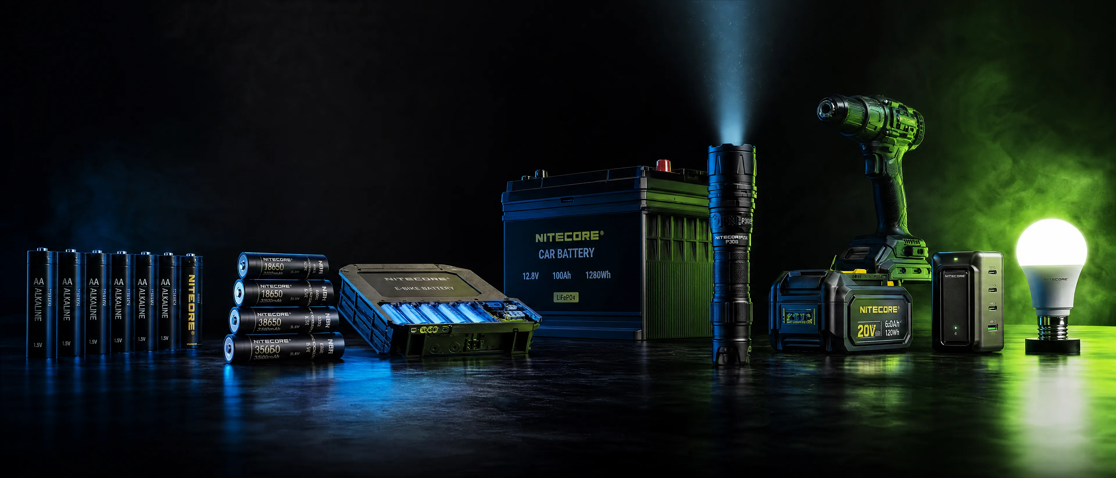 Composition des gammes Batteries Technic : piles AA, cellules lithium, batteries vélo et auto, lampe torche, batterie outillage, chargeur et ampoule LED